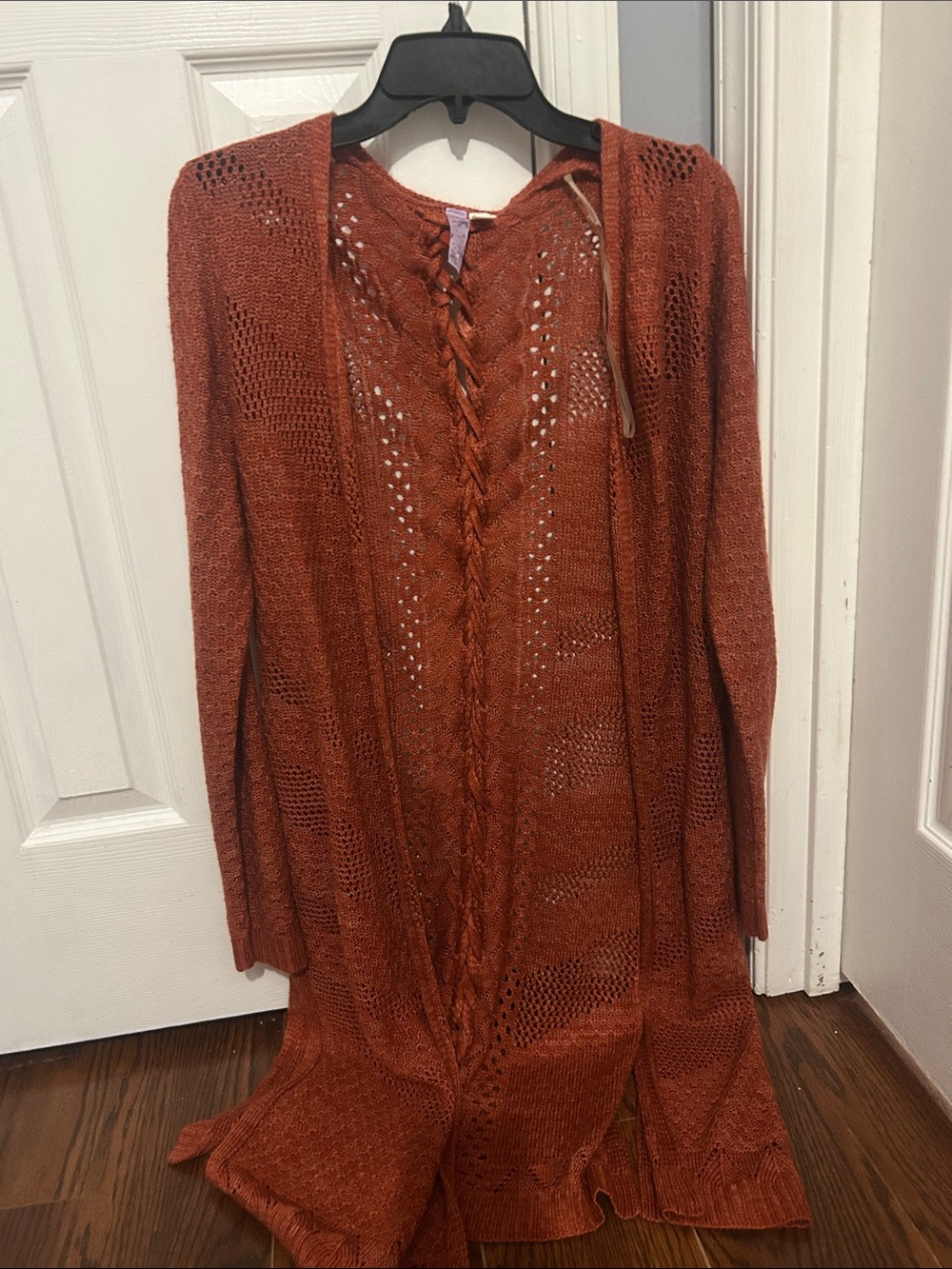 Rust Open-Knit Longline Women’s Sweater Cardigan X-cross in back